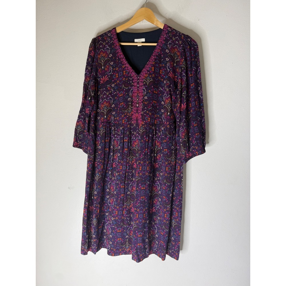 J Jill Purple Paisley Embroidered V-Neck Empire Waist Dress Women Size Medium